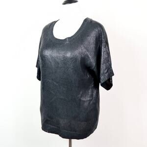 Uniq Size M/L Waxed Knit Top Short Sleeve Scoop Neck Blouse Black